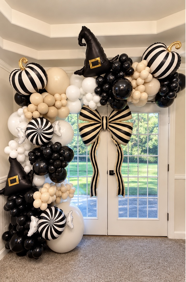 Black, cream and white Halloween balloon doorway arch with striped pumpkins and witch hats