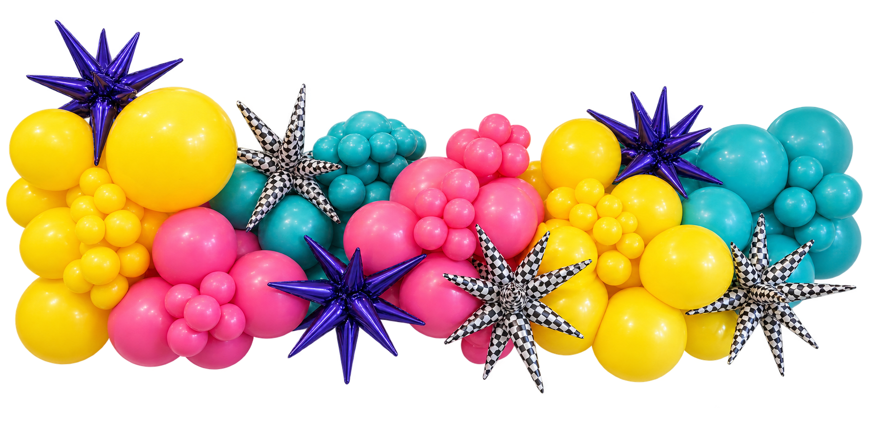 Bright yellow, pink and teal balloon garland with purple starburst and black-and-white checkered foil balloons